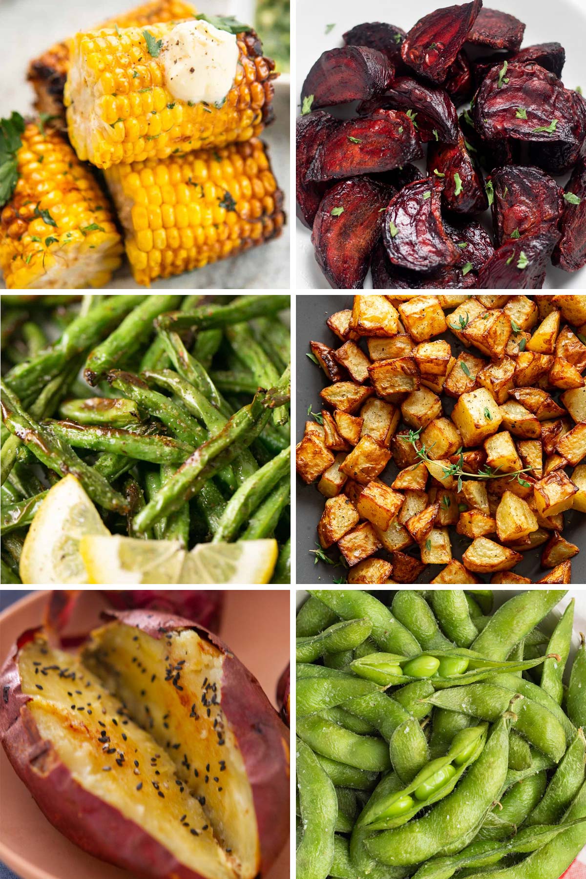 6 different vegetables cooked in an air fyer from corn on the cob to edamame.