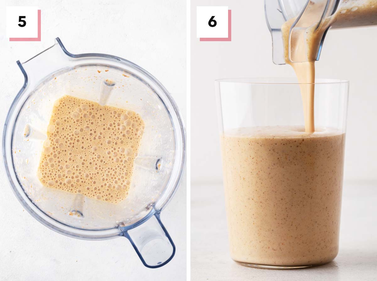 Final steps for making an almond milk smoothie.