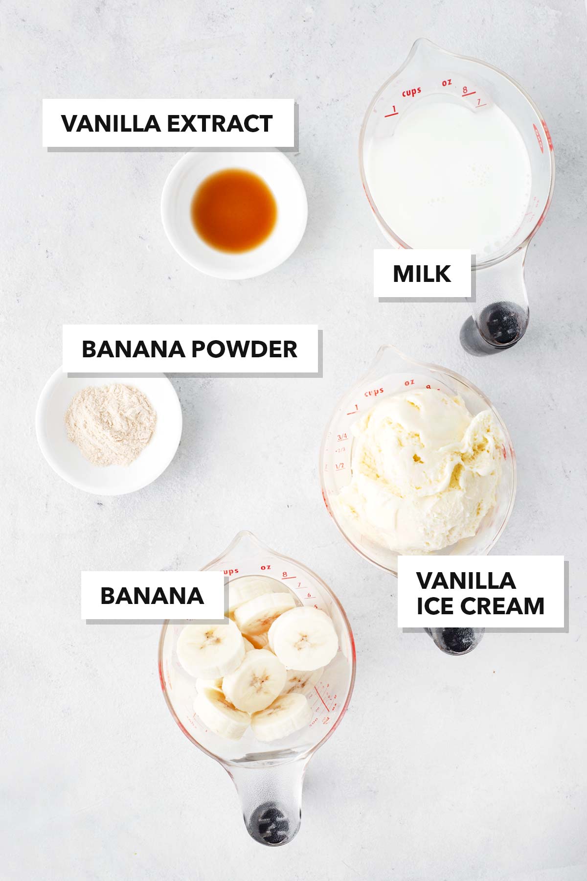 Ingredients for a banana milkshake.