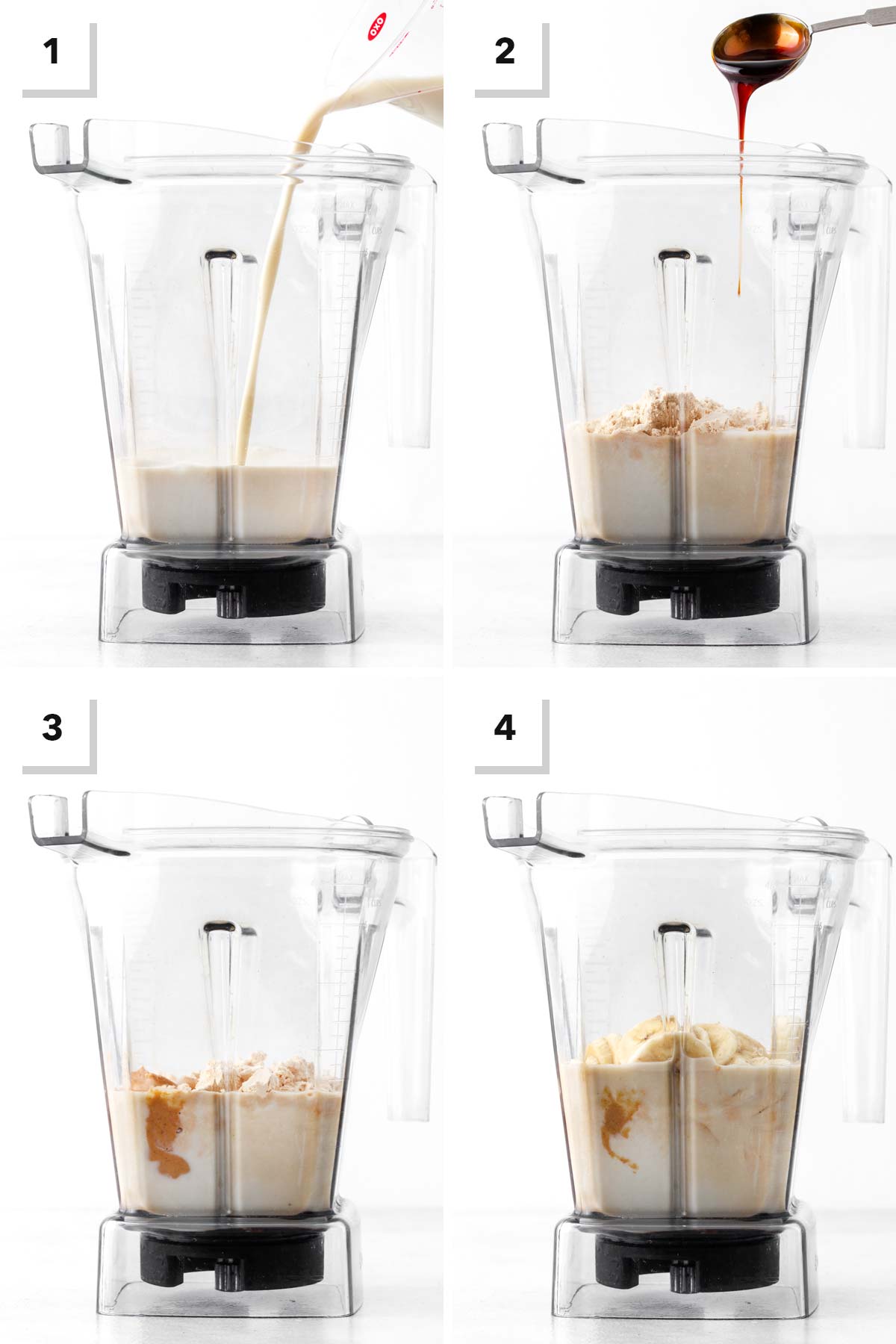 Steps for making a peanut butter banana protein shake.