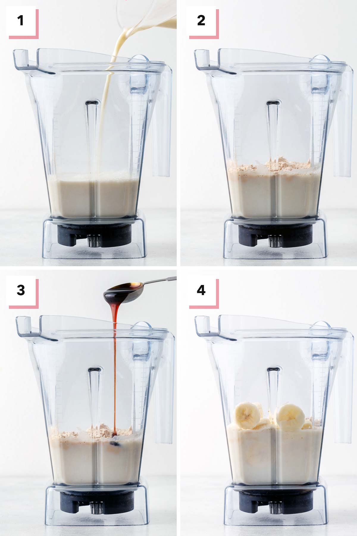 Steps for making a banana protein shake.