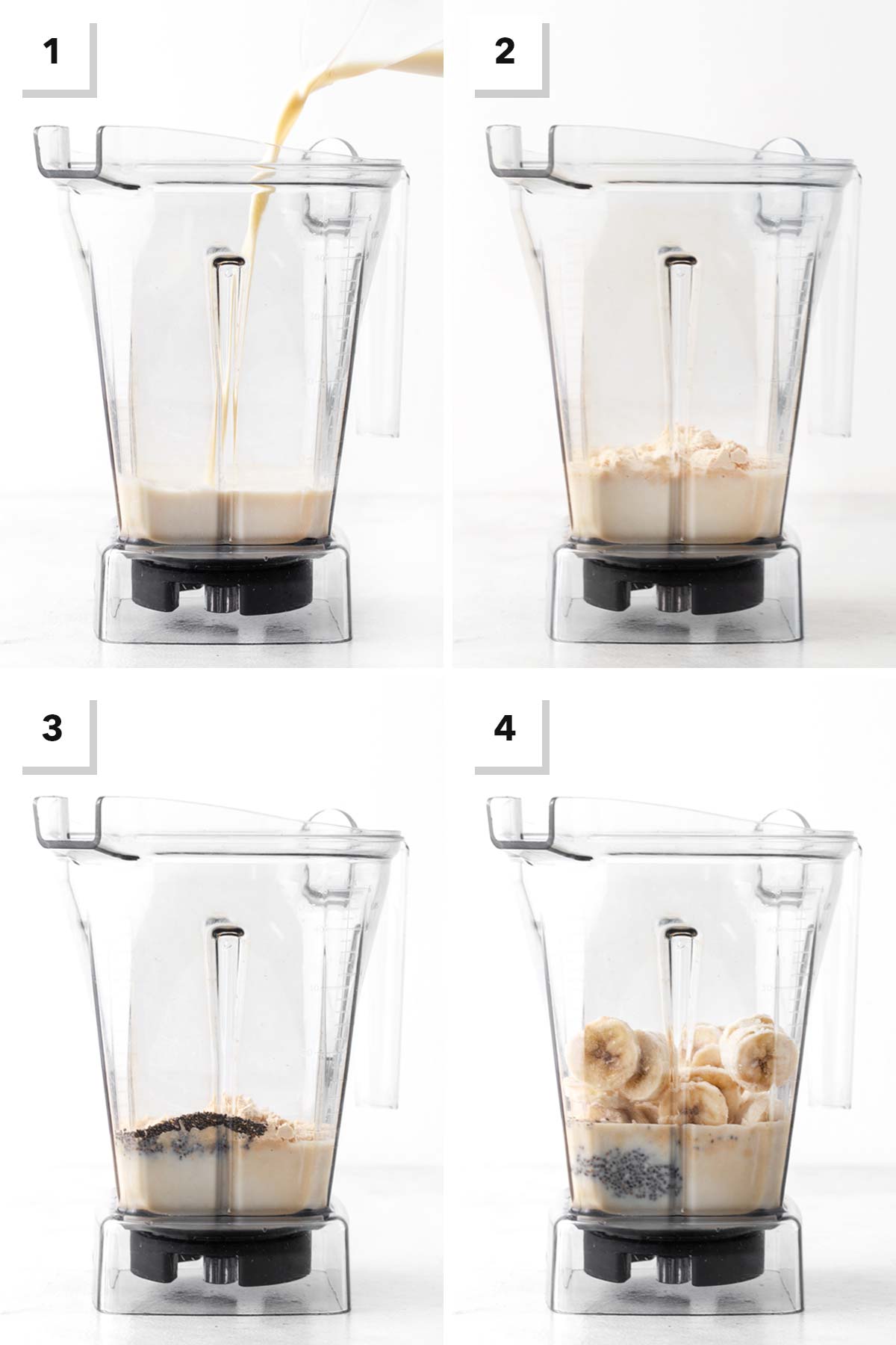 Steps for making a banana protein smoothie.