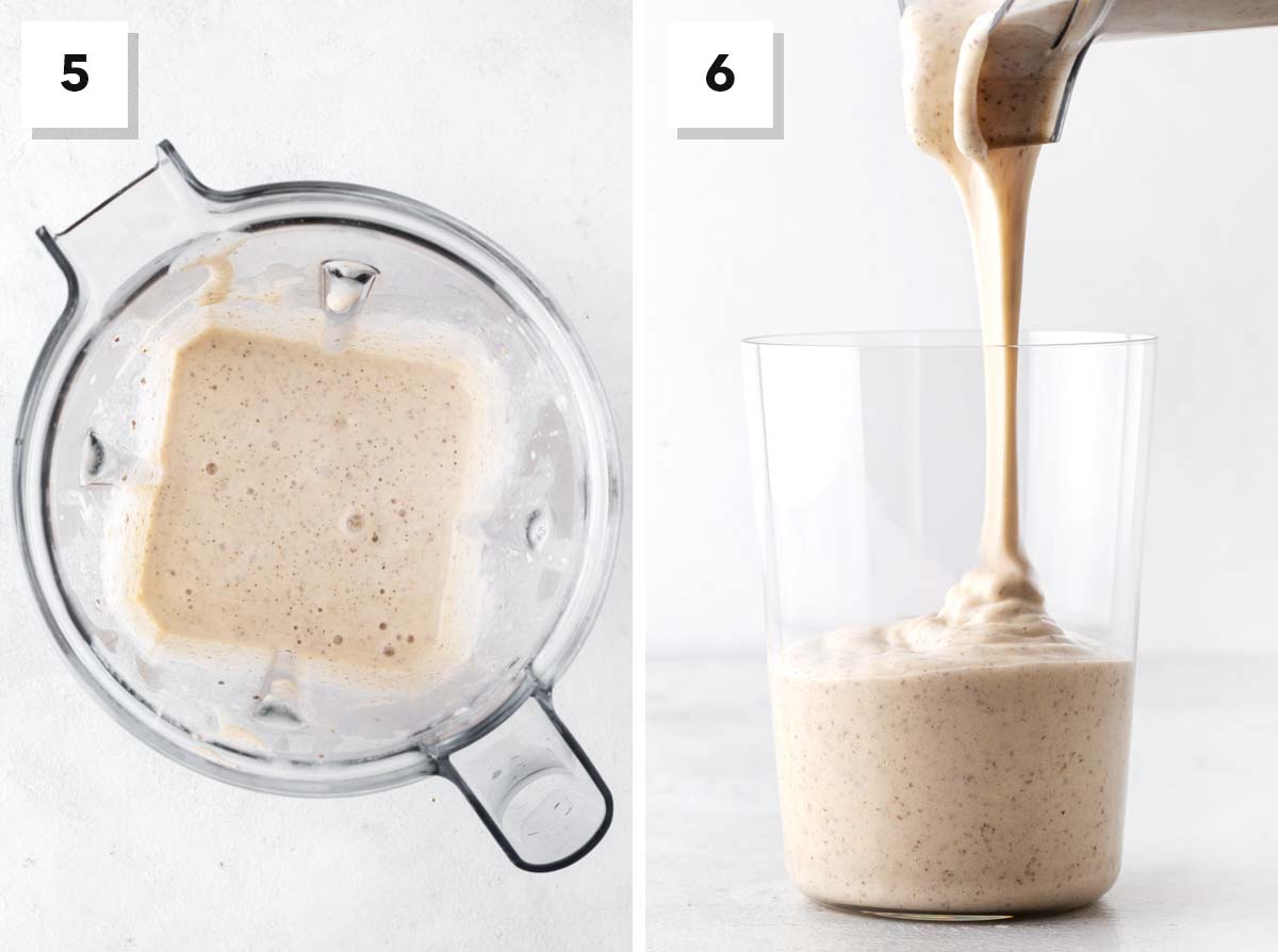 Final steps for making a banana protein smoothie.
