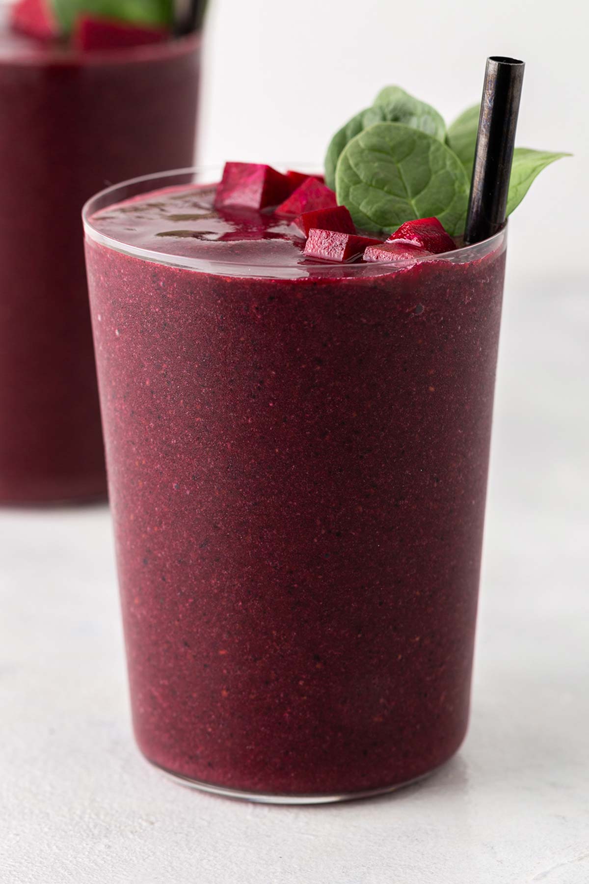Beet smoothie in a glass.