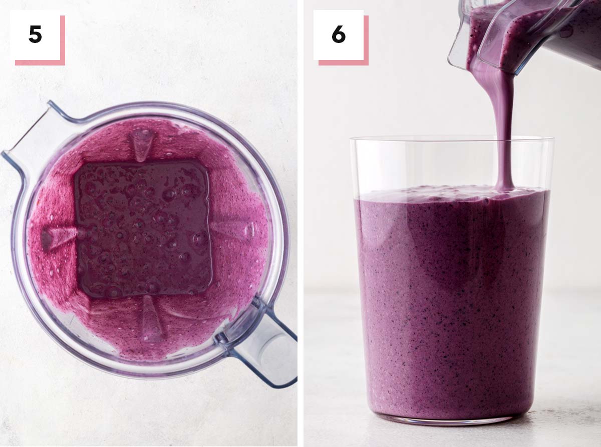 Steps to make a blueberry banana smoothie in a blender.