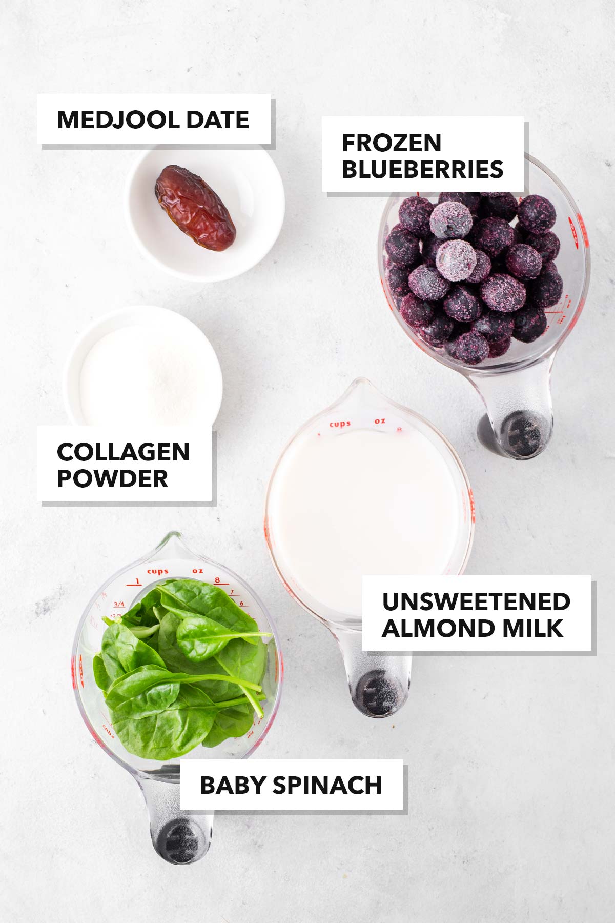 Ingredients for a blueberry collagen smoothie.
