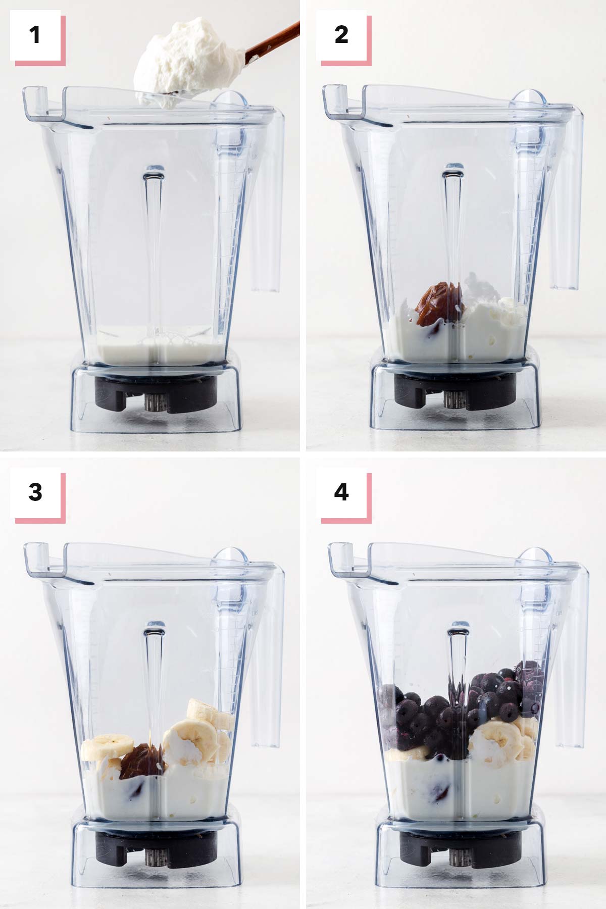 Steps to make a Blueberry smoothie in a blender.