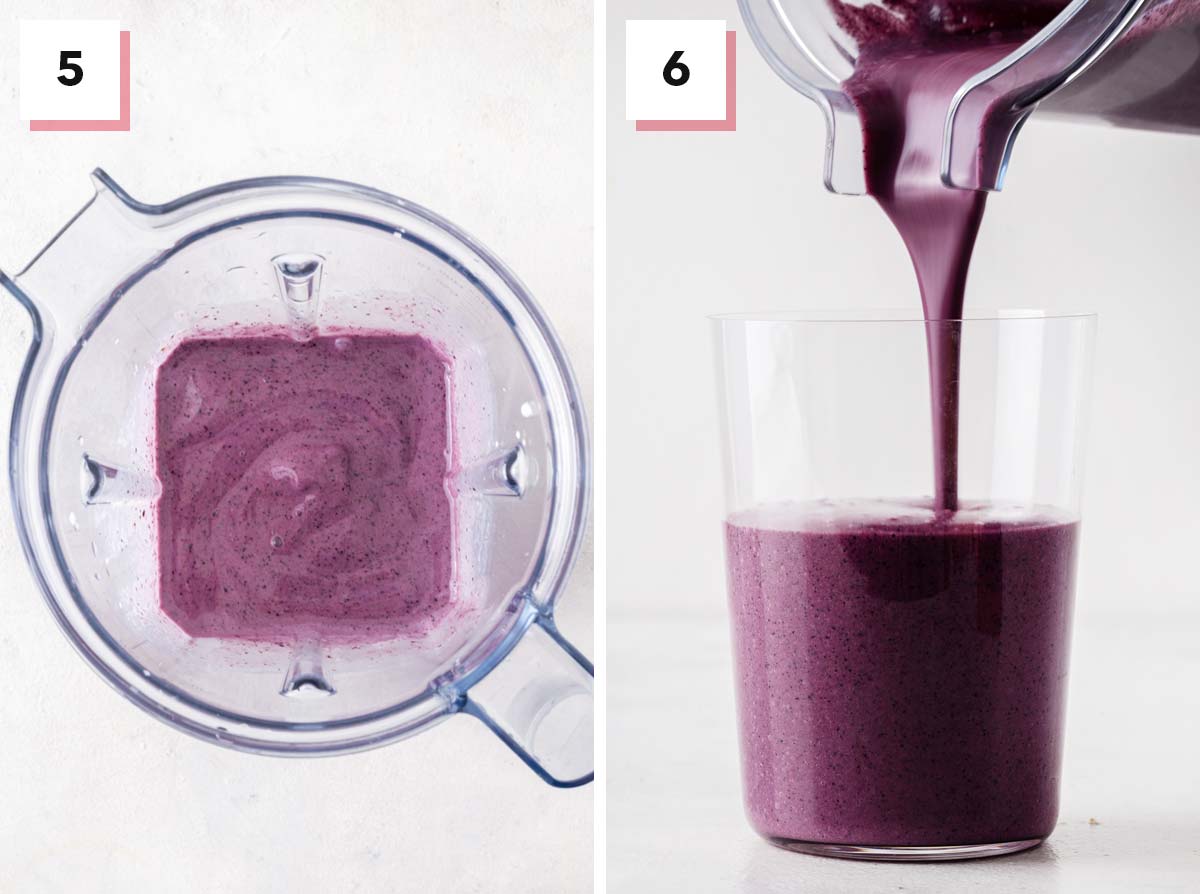Making a blueberry smoothie in a blender.