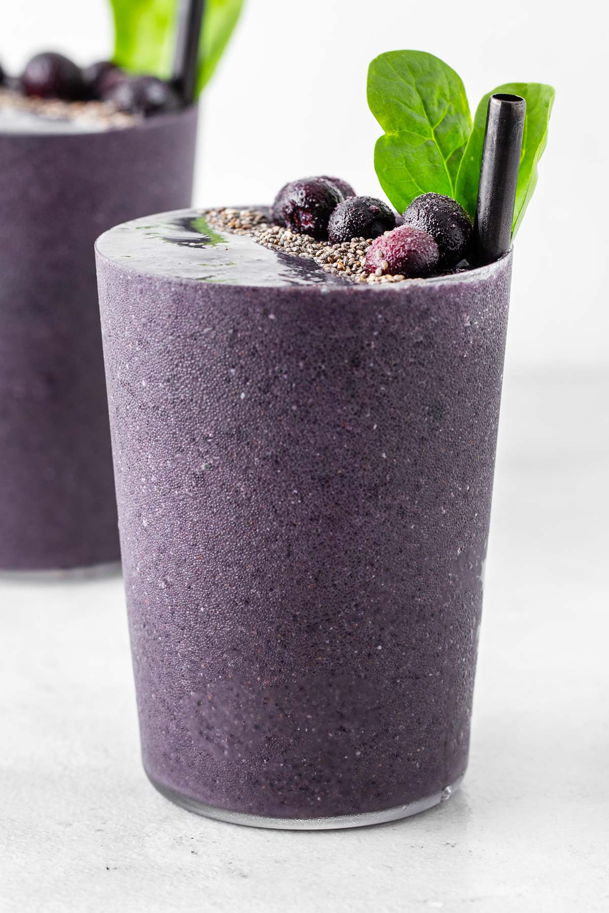 Blueberry smoothie in a glass.