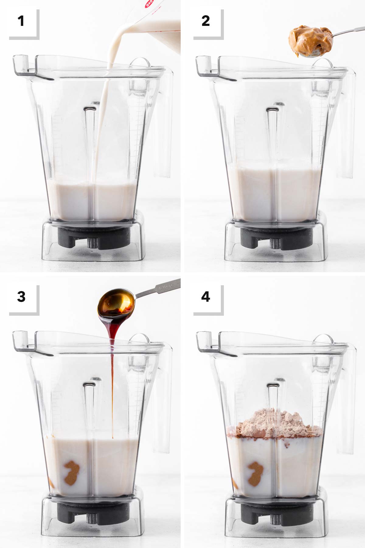 Steps for making a chocolate almond protein shake.