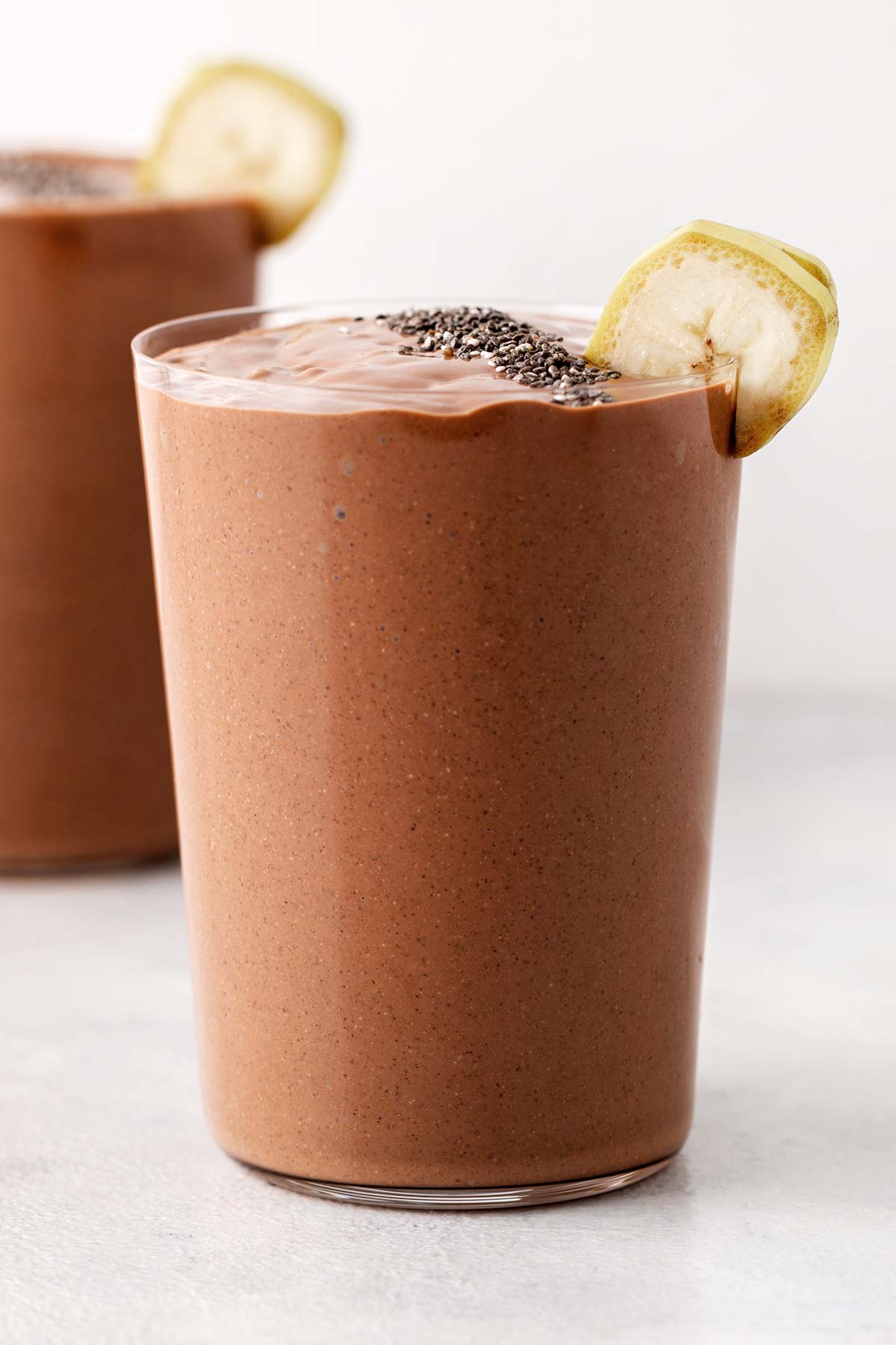 Chocolate almond smoothie in a glass.