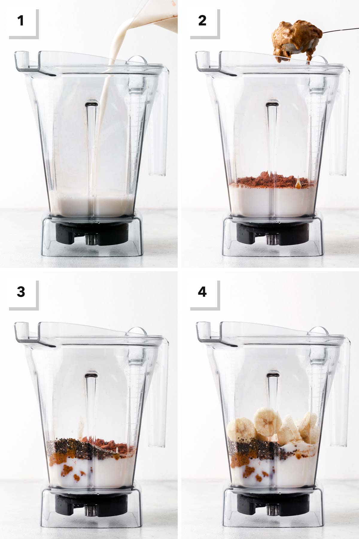 Steps for making a chocolate almond smoothie.