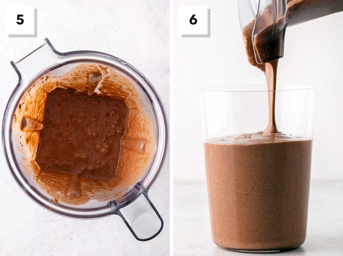 Final steps for making a chocolate almond smoothie.