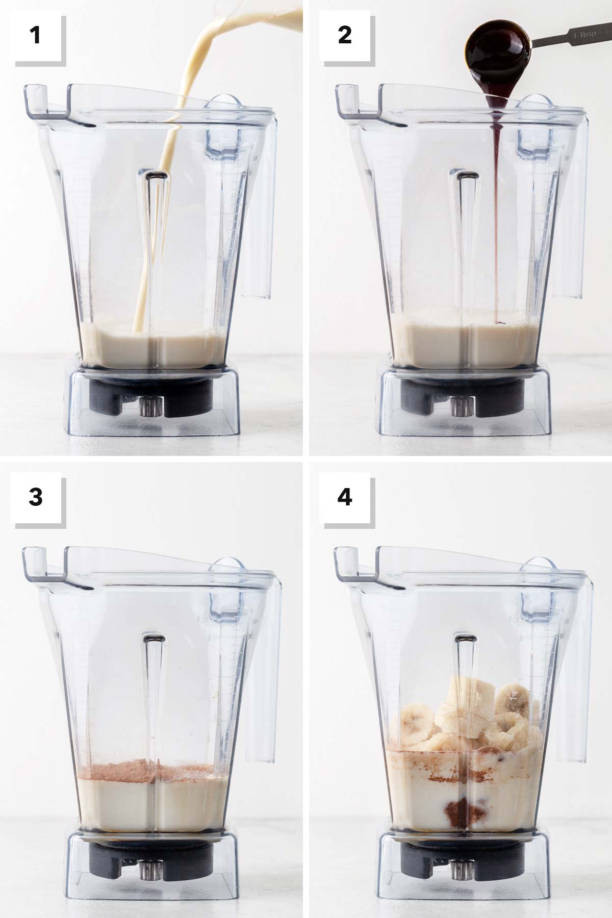 Steps for making a chocolate collagen smoothie.