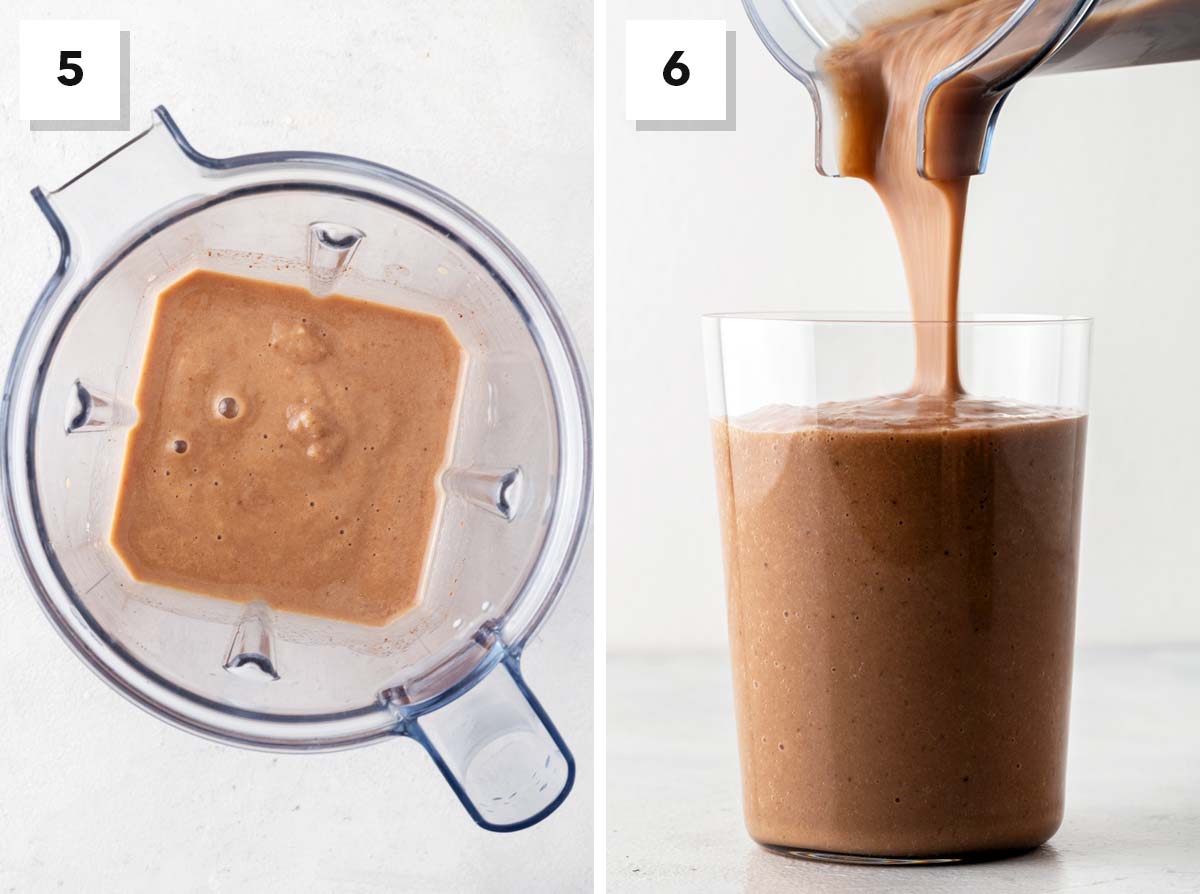 Final steps for making a chocolate collagen smoothie.
