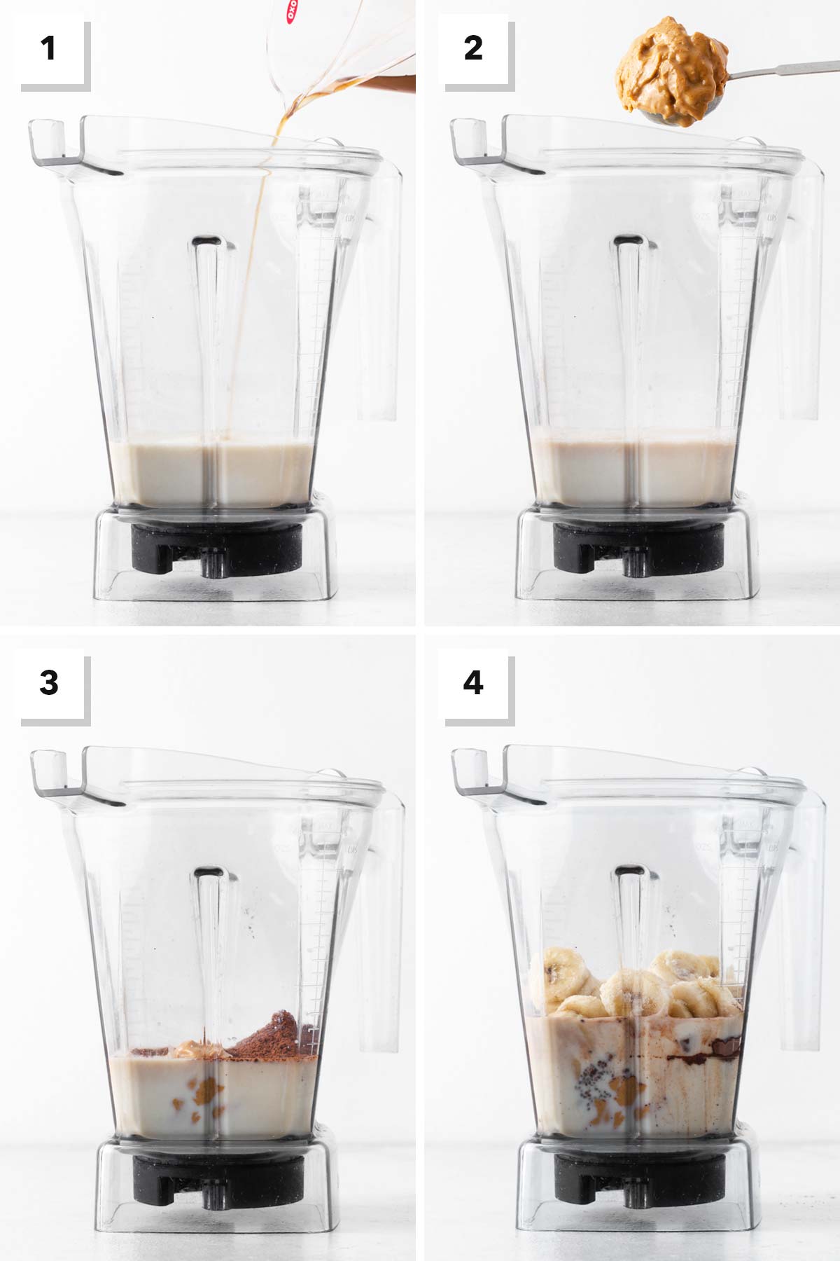 Steps for making a chocolate peanut butter banana smoothie.