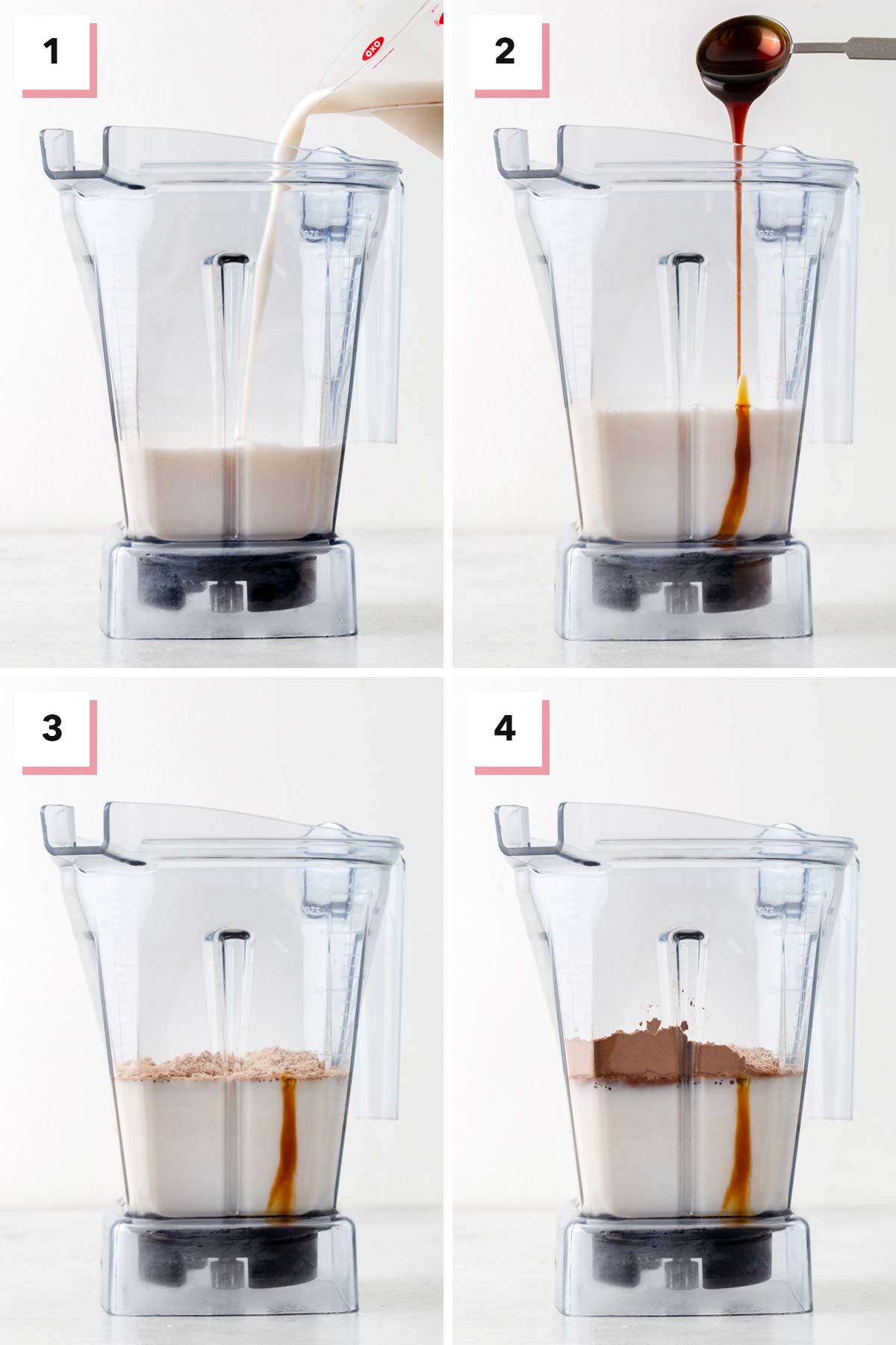 Steps for making a chocolate protein shake.