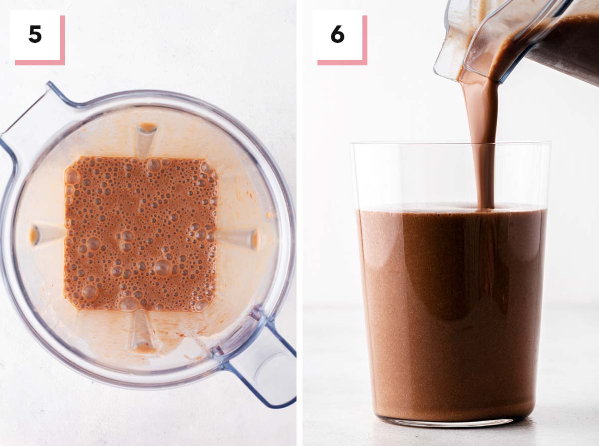 Final steps for a chocolate smoothie.