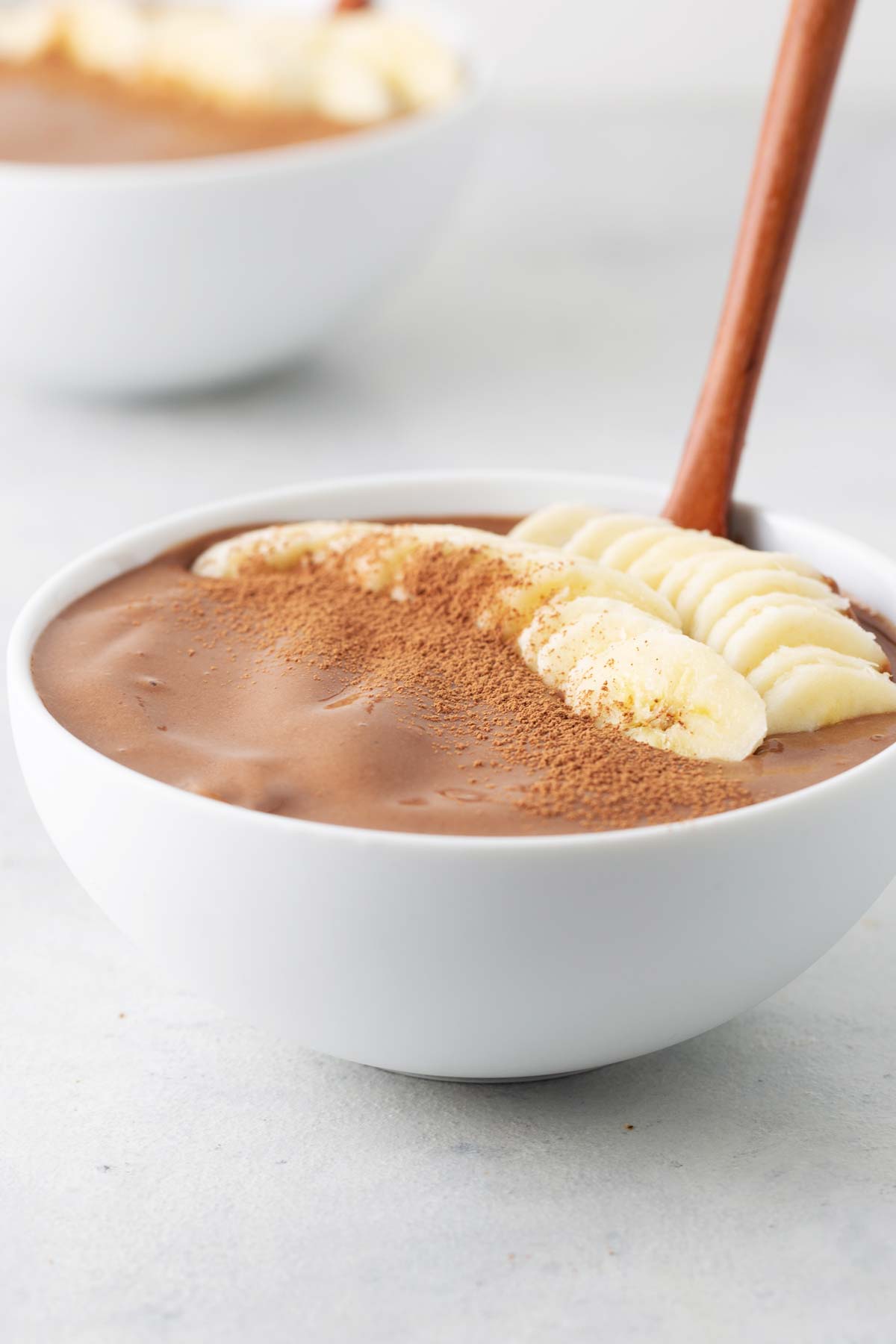 Chocolate smoothie bowl on a table.