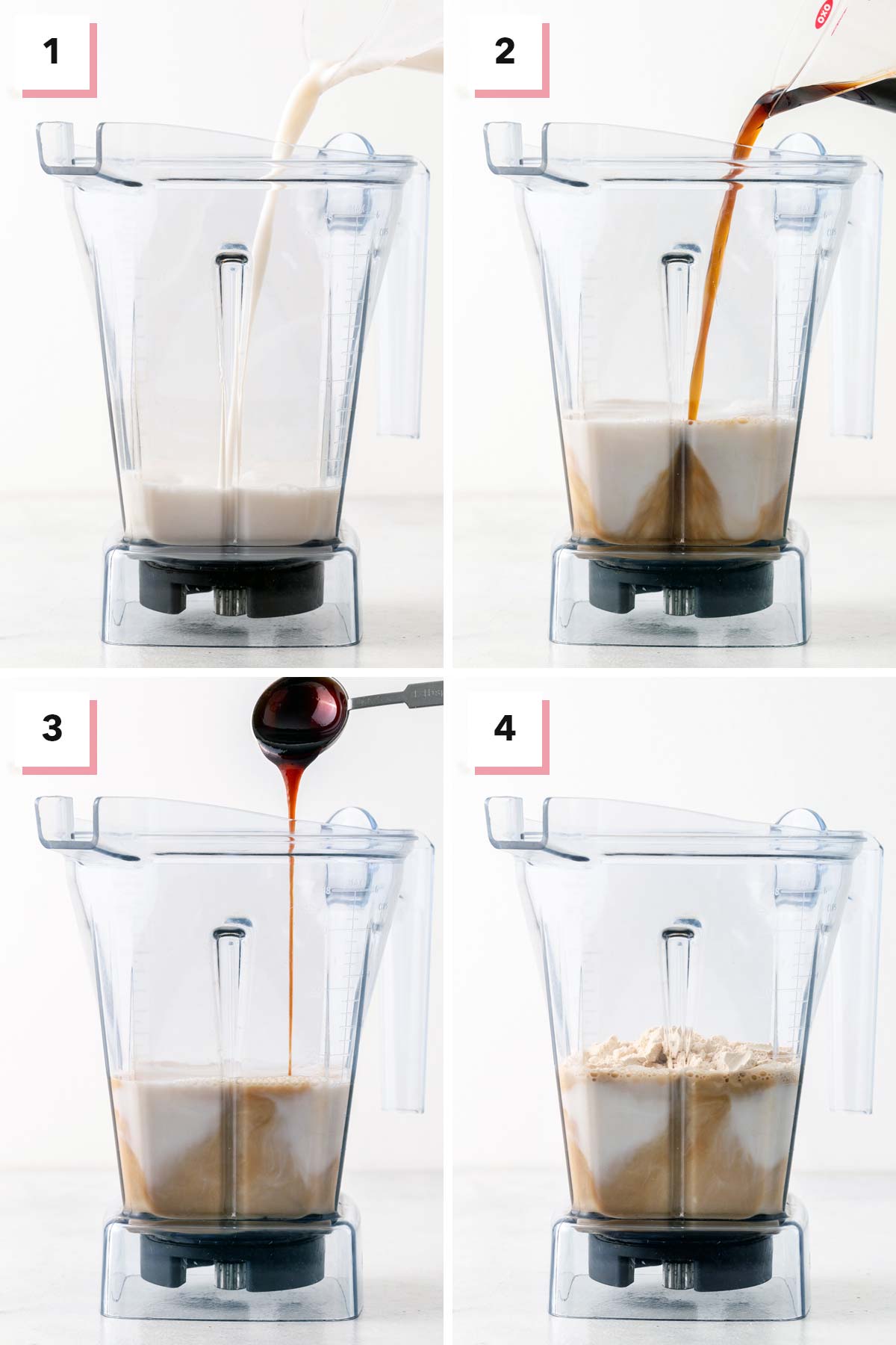 Steps for making a coffee protein shake. 