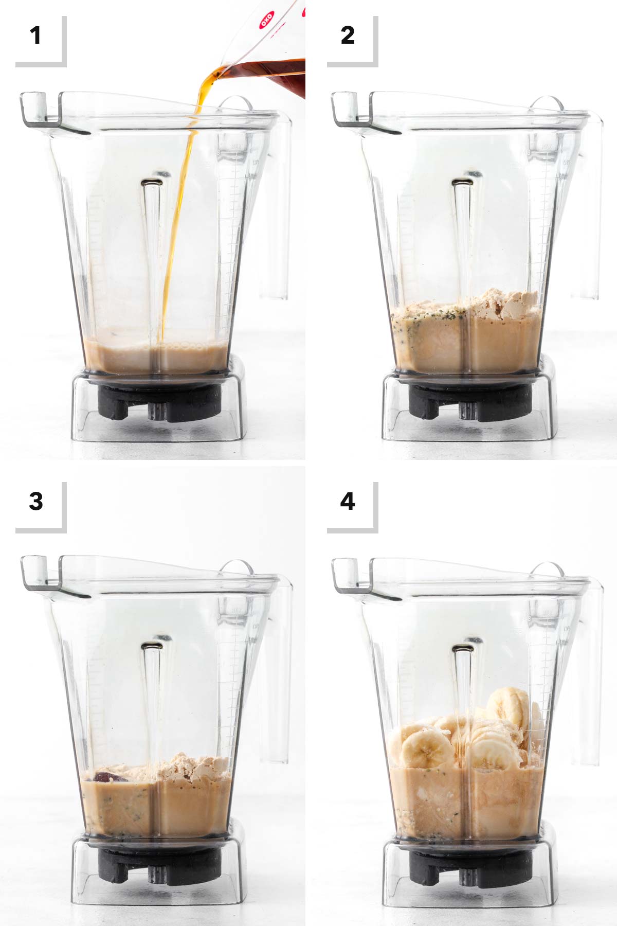 Steps for making a coffee protein smoothie.