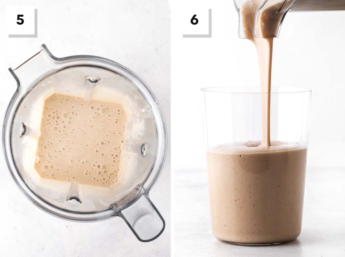 Final steps for making a coffee protein smoothie.