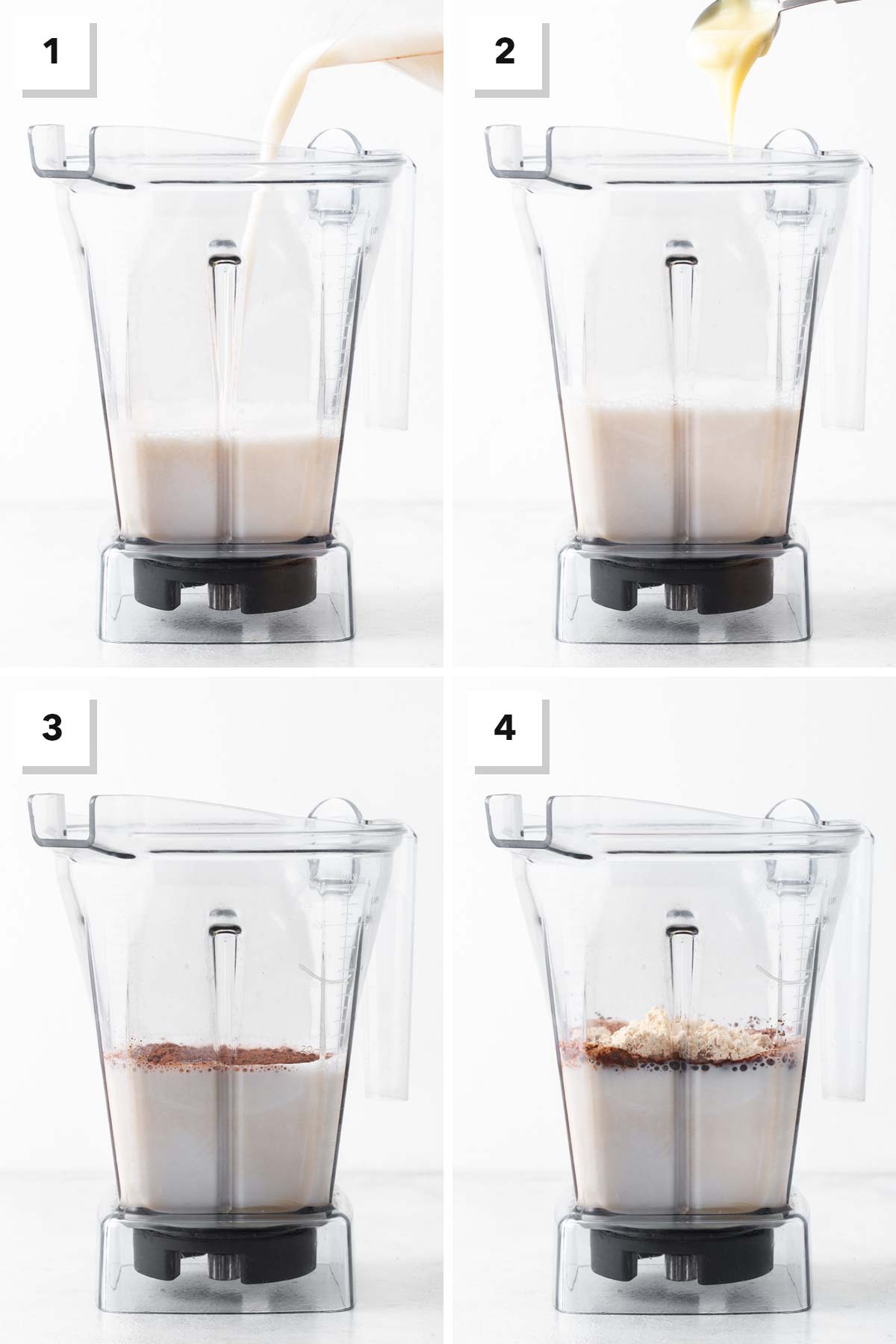 Steps for making a cookies and cream protein shake.