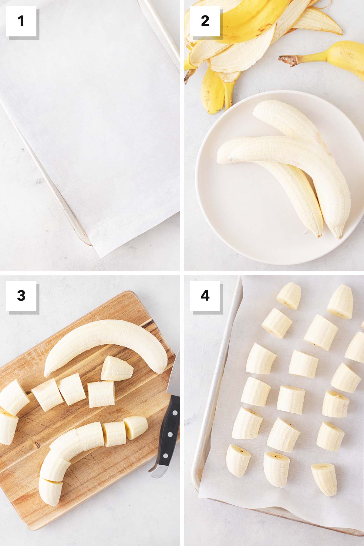 Steps for freezing bananas for smoothies.