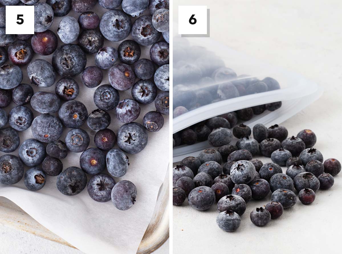 Final steps for freezing blueberries.