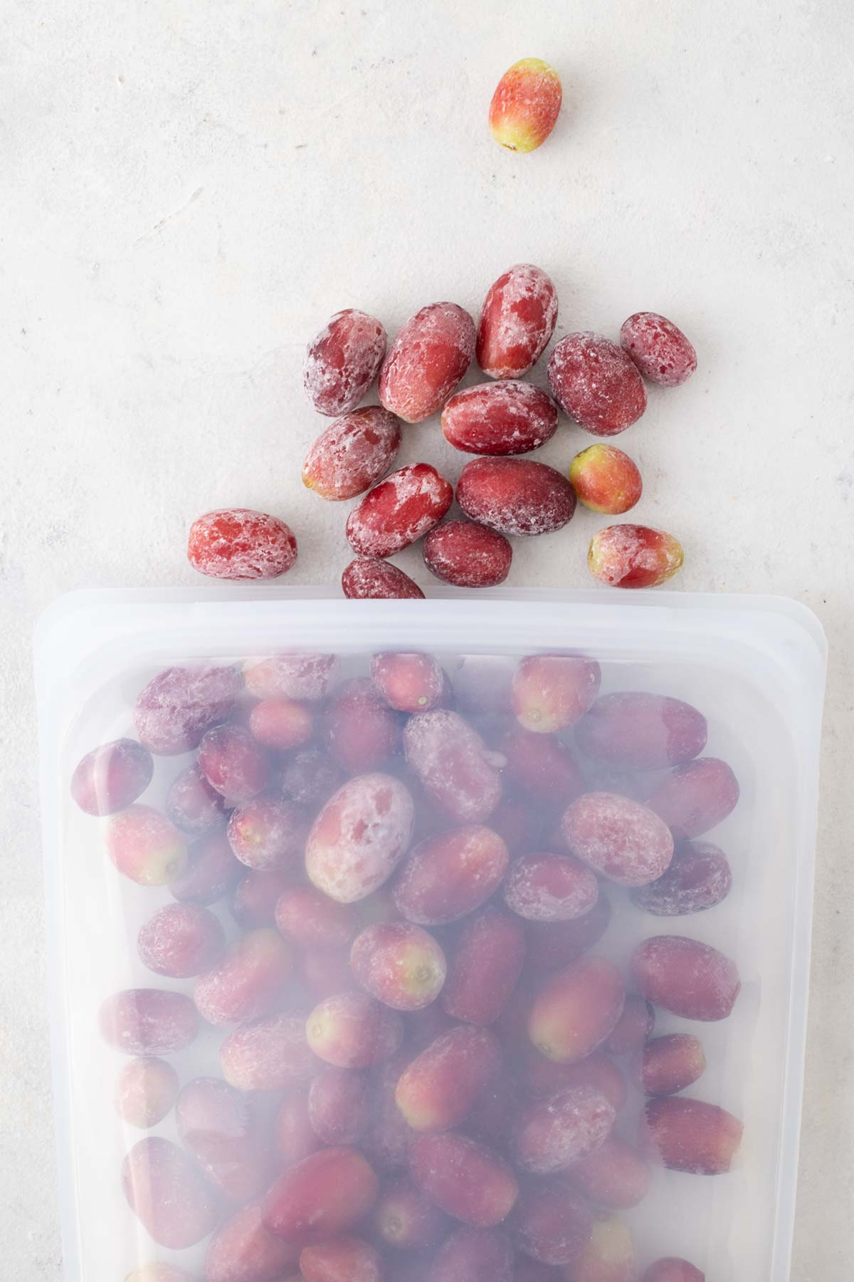 Frozen grapes in a silicone bag.