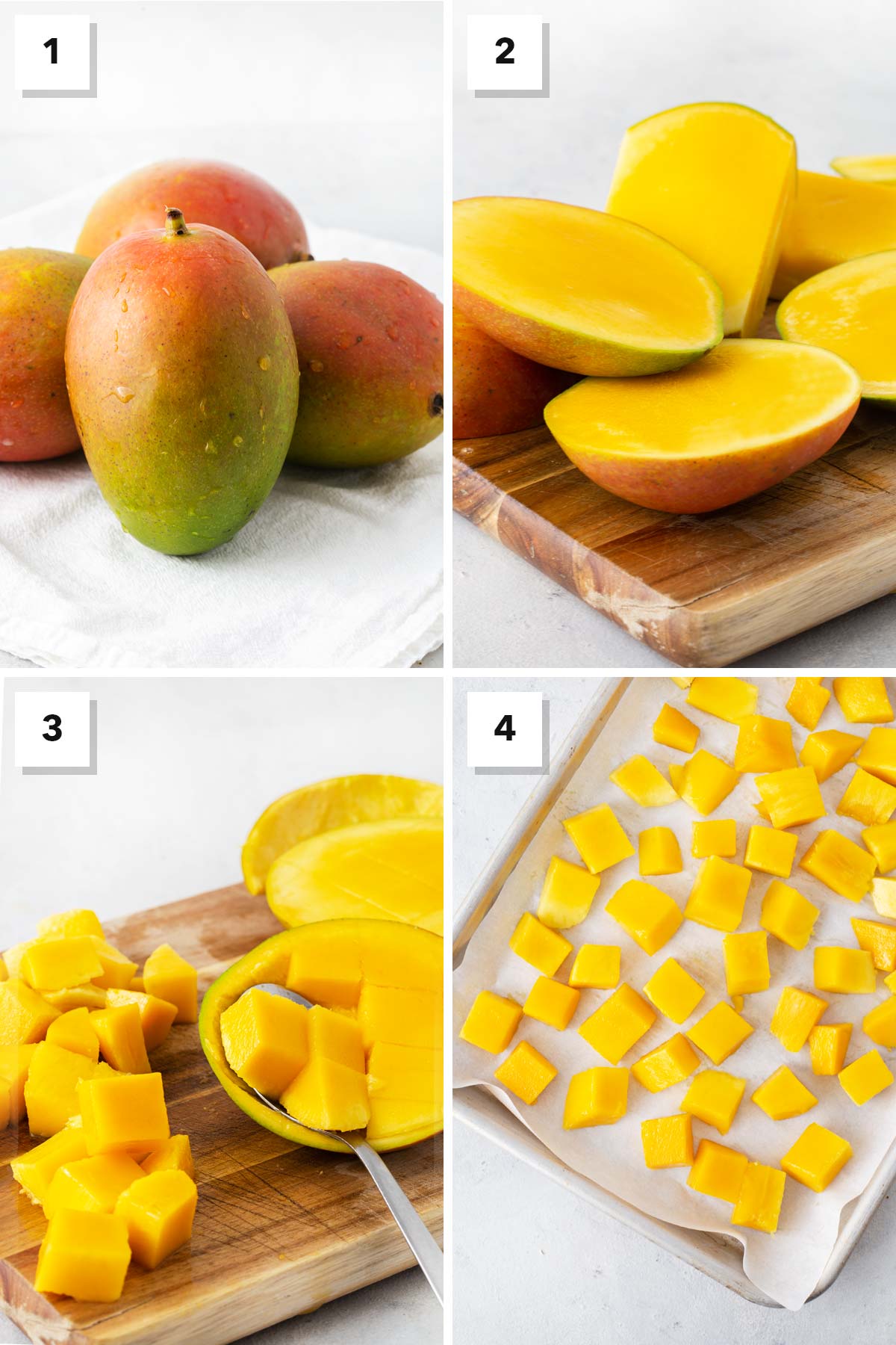 Steps for freezing mangoes.