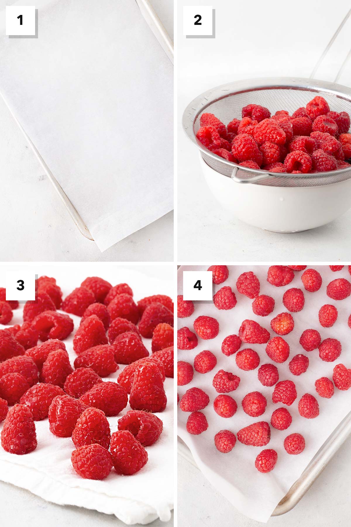 Steps for freezing raspberries.