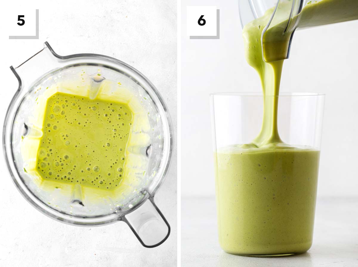 Final steps for making a green protein smoothie.