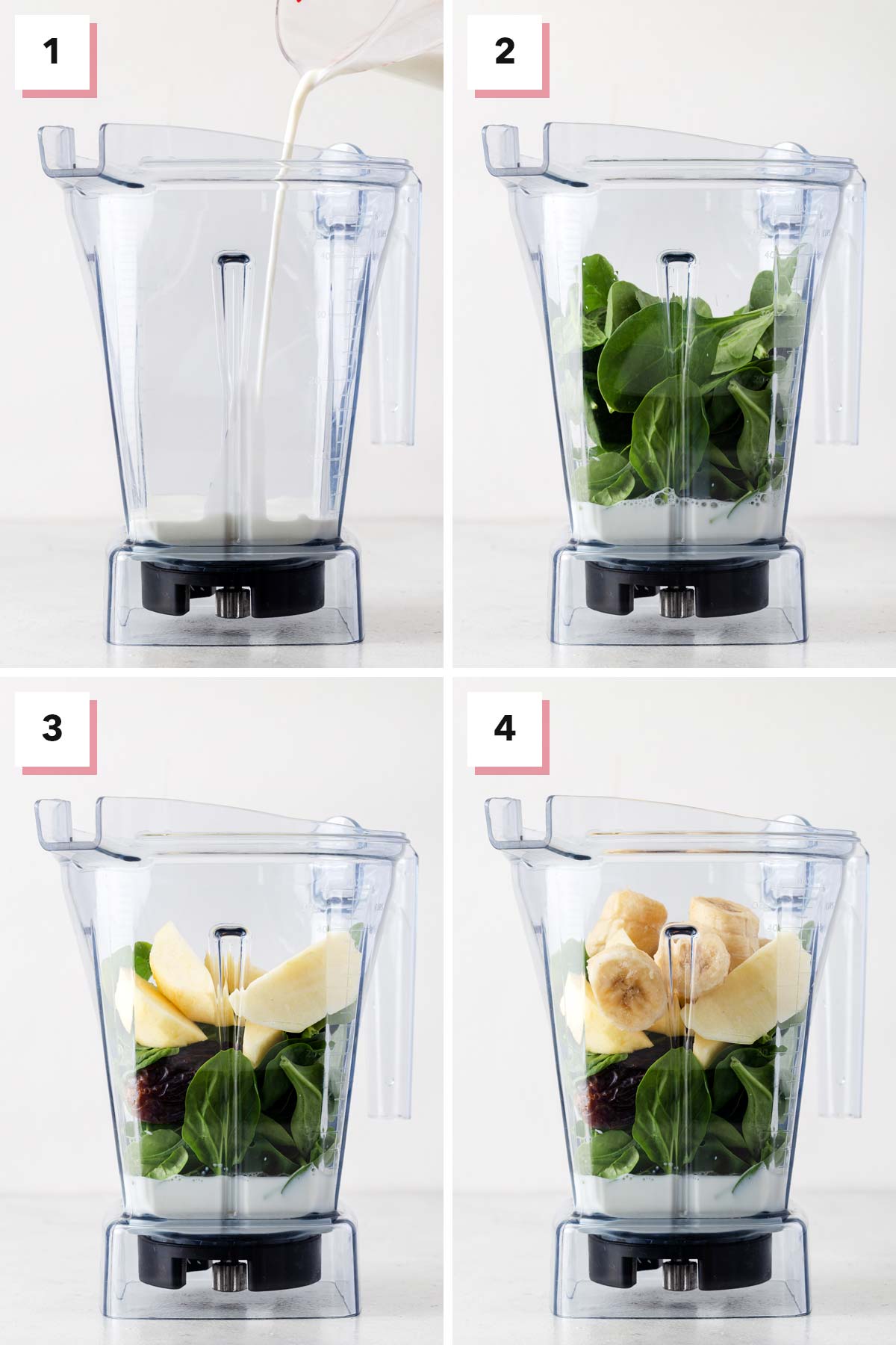 Steps to make a green smoothie in a blender.