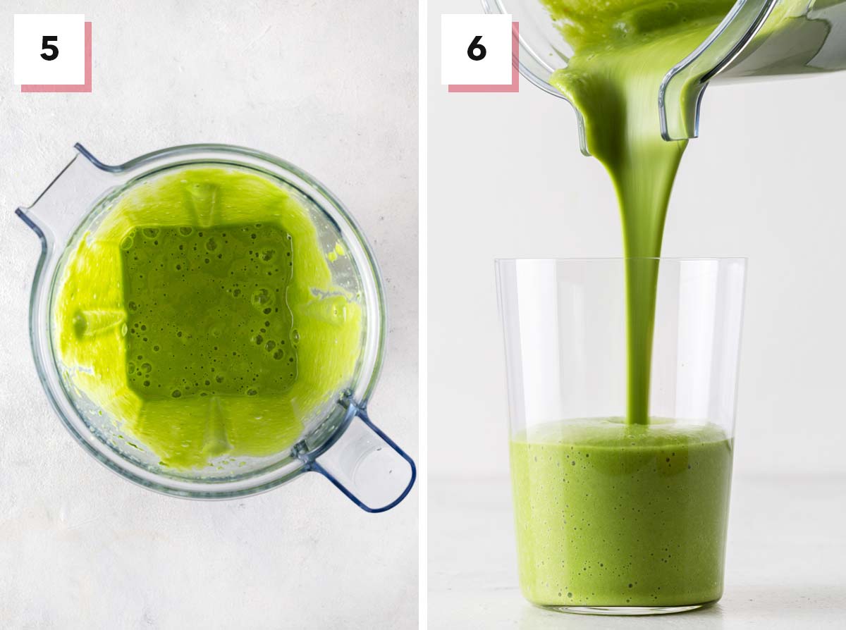Blending green smoothie in a blender.