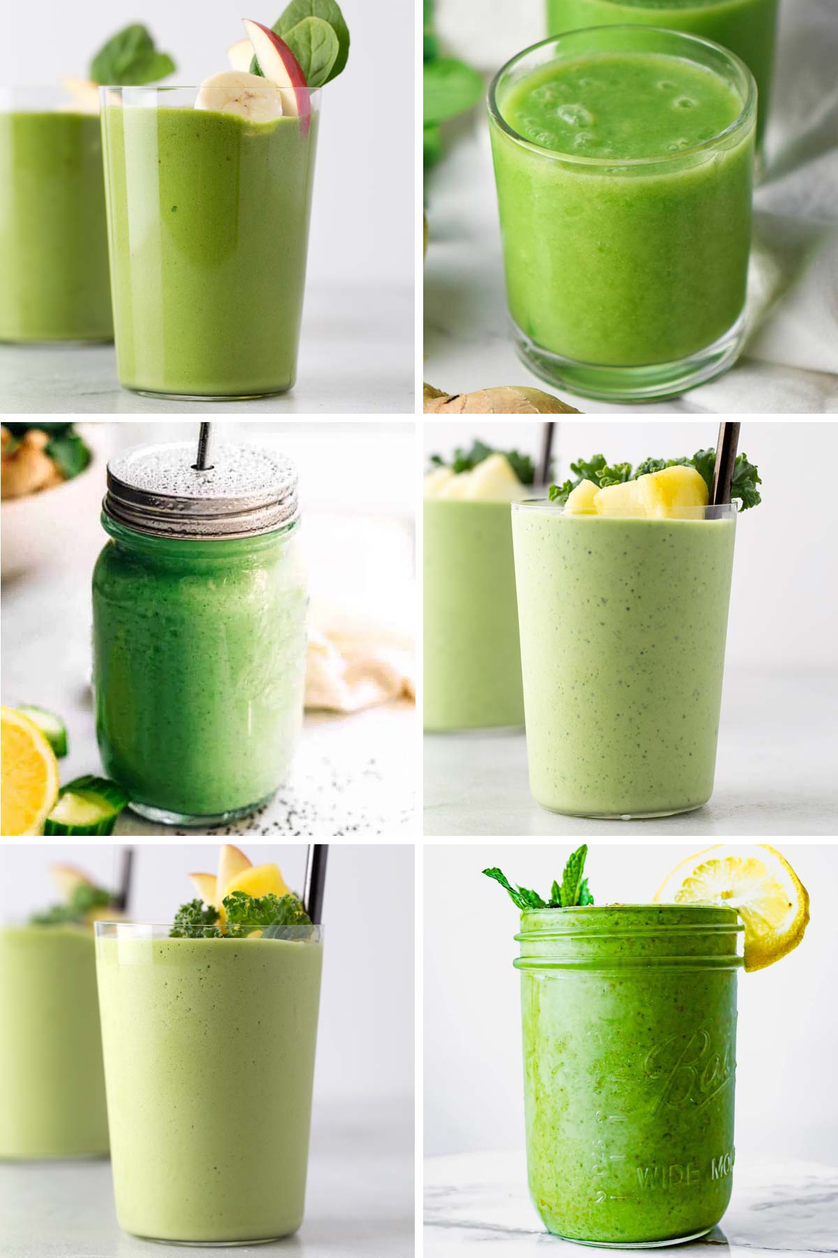 6 green smoothies in cups.