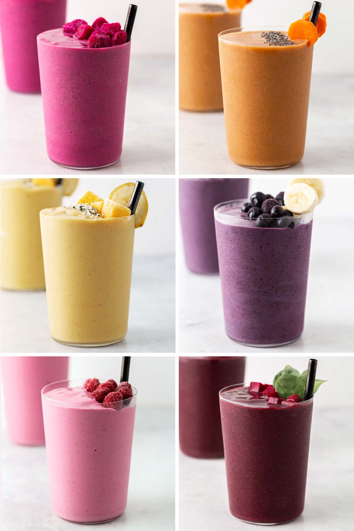 6 healthy and colorful smoothies in a box grid.