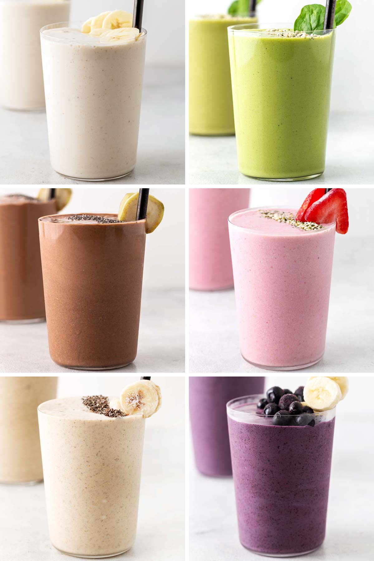 Collage of 6 high-protein smoothies.
