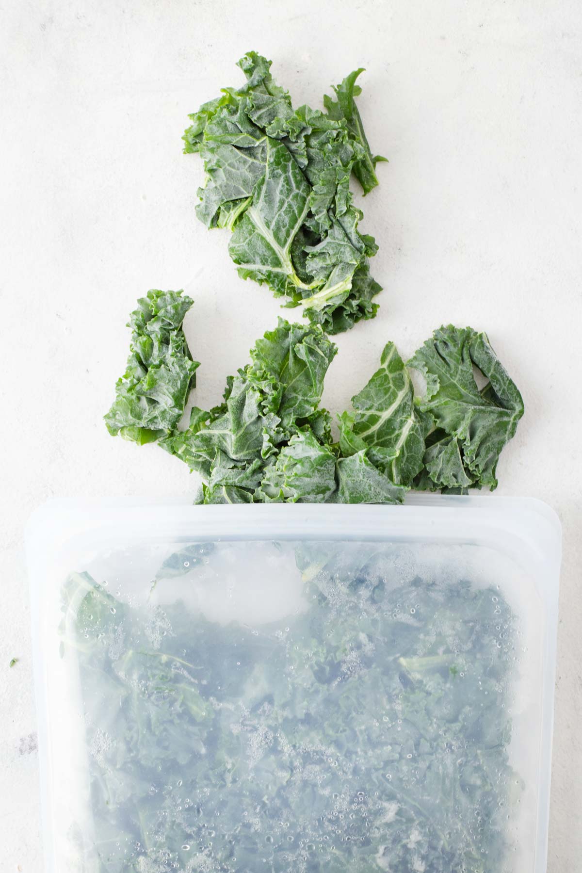 Frozen kale with a silicone storage bag.