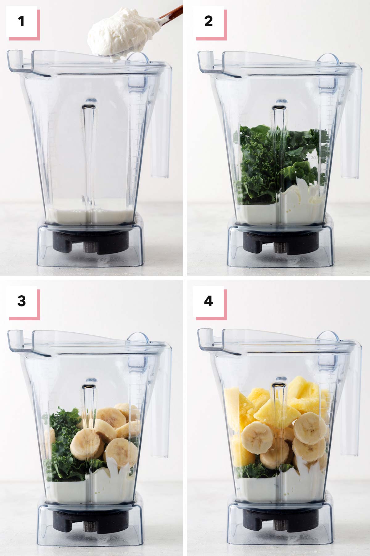 Steps to make a kale pineapple smoothie.