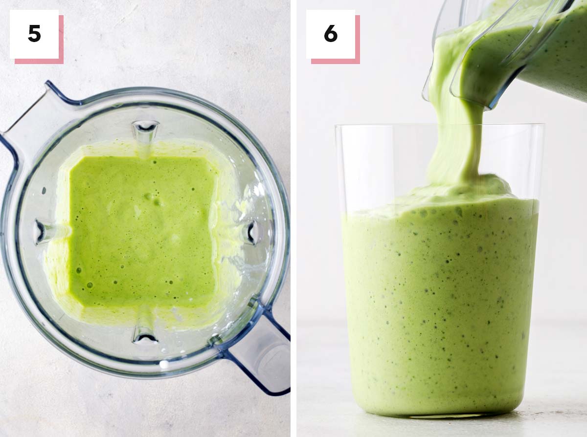 Final steps to make a kale pineapple smoothie.