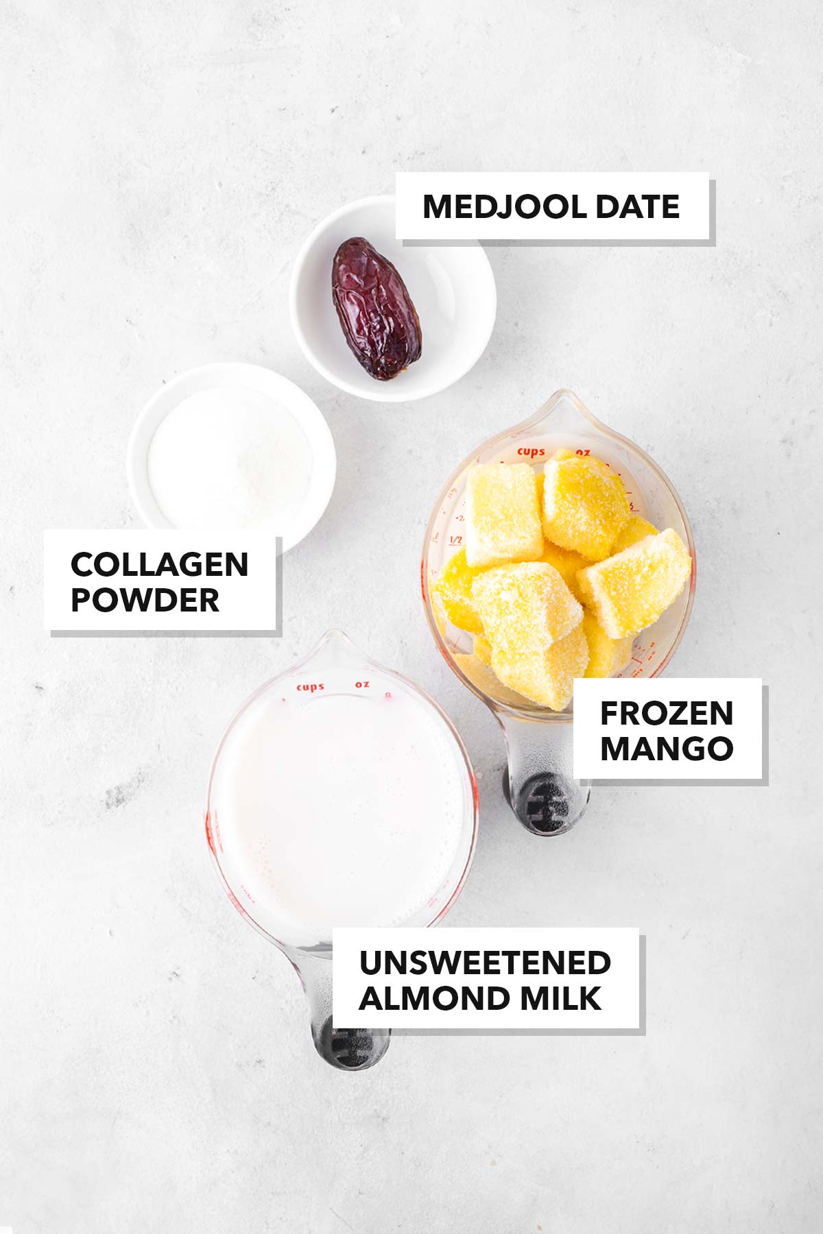 Ingredients for a mango collagen smoothie.