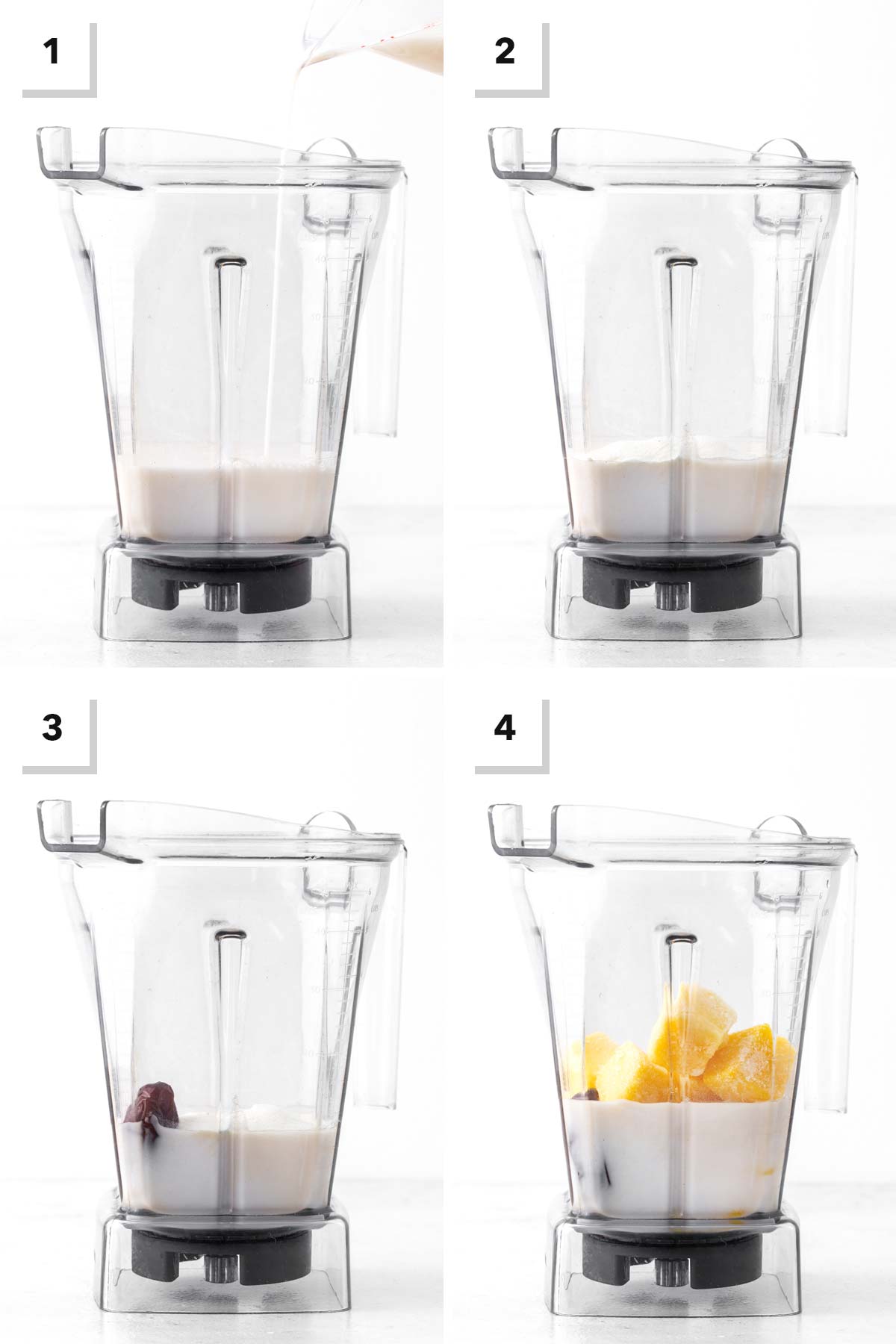 Steps for making a mango collagen smoothie.