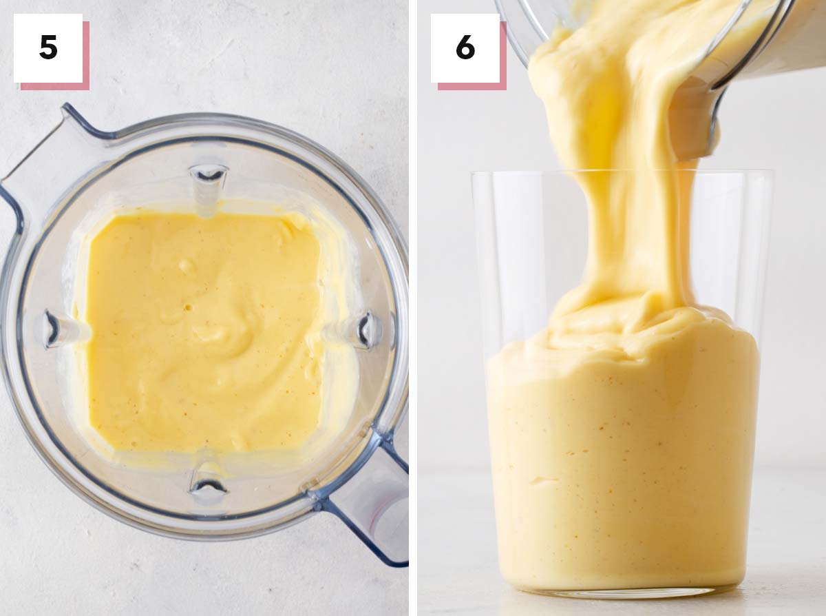 Final steps to make a mango yogurt smoothie.