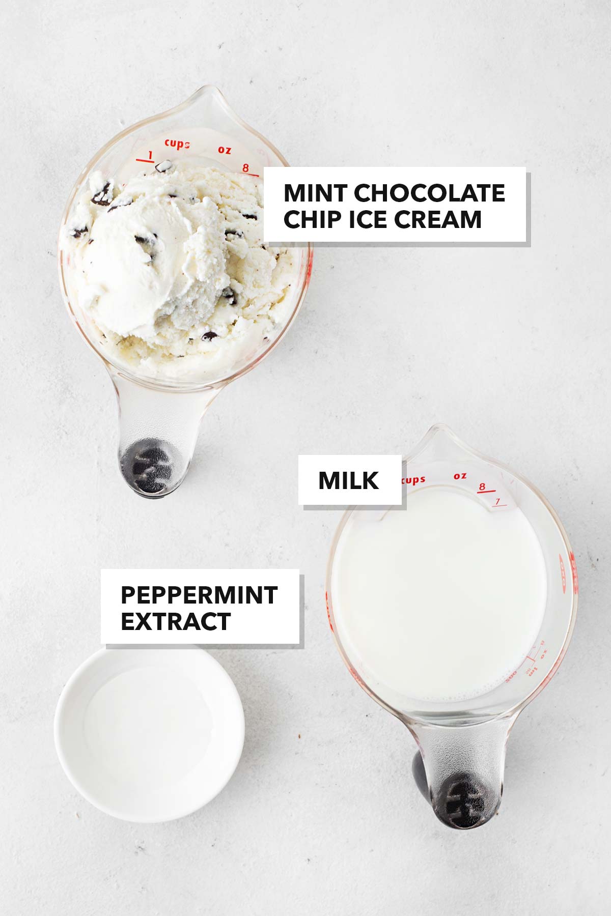 Ingredients for a mint chocolate chip milkshake.