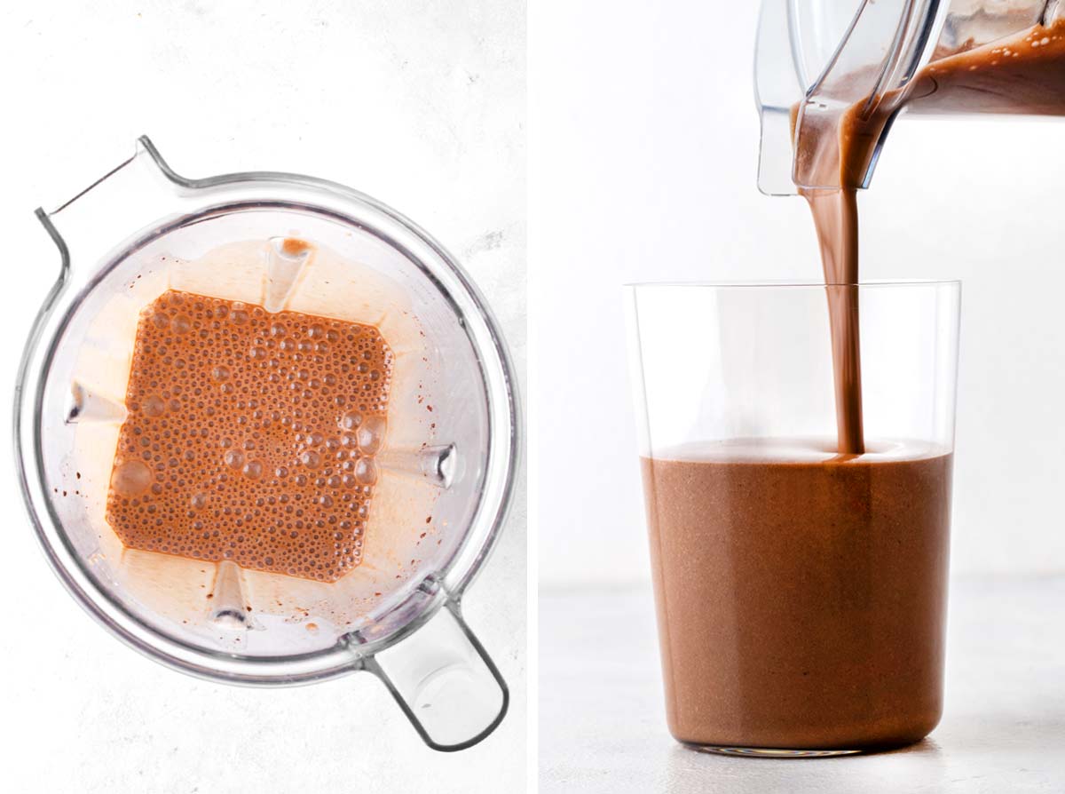 Final steps for making a mocha smoothie.