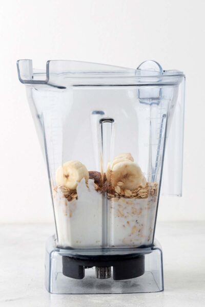 Bananas, date, oats, greek yogurt, milk in a blender. 