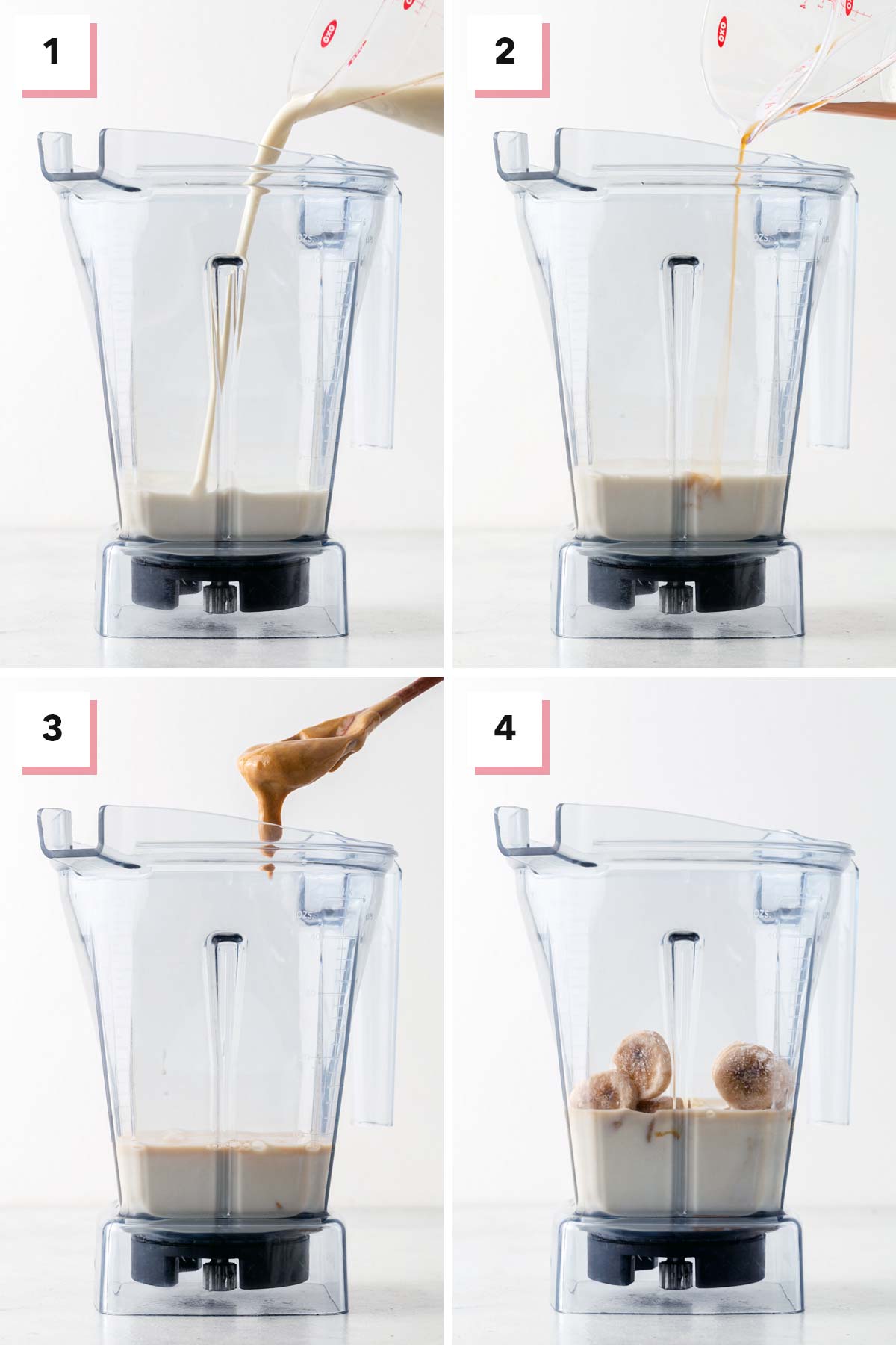 Steps for making a peanut butter banana smoothie.