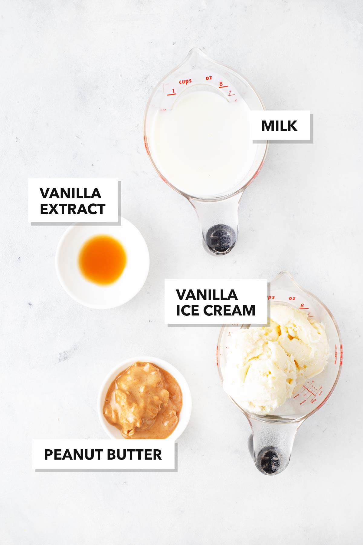 Ingredients to make a peanut butter milkshake.