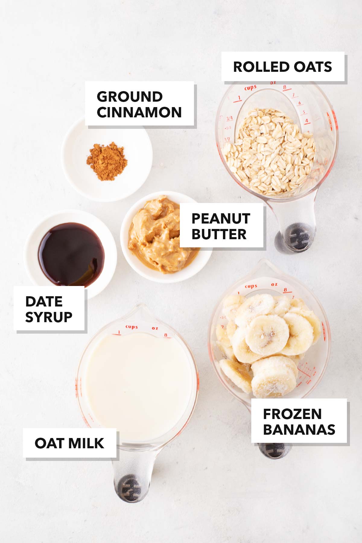 Ingredients for a peanut butter oatmeal smoothie.